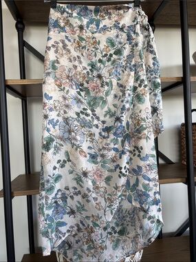 Dress Forum Cream Floral High-Low Wrap Sheer Skirt with Blue & Green Accents